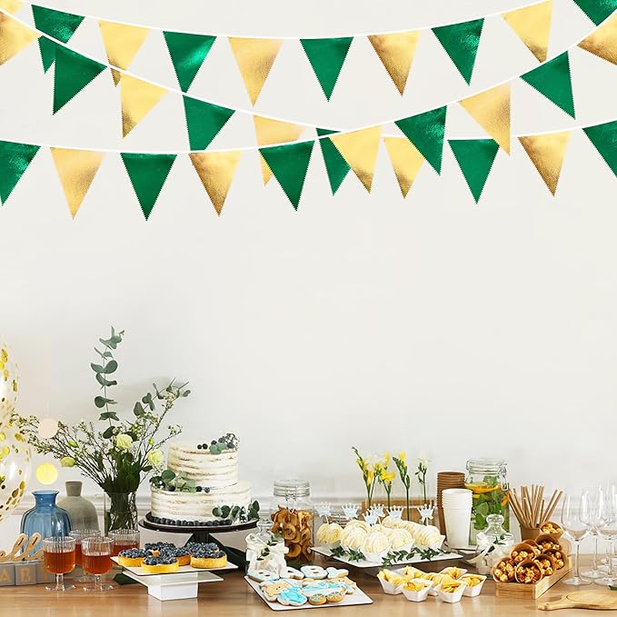 Green Gold Party Decorations Metallic Fabric Triangle Pennant Banner