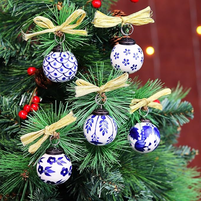 IndianShelf 24 Large Blue and White Ceramic Christmas Ornaments
