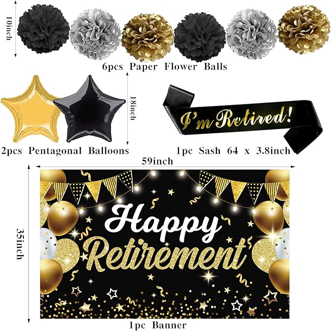 22Pcs Retirement Party Decorations for Men Women Black and Gold