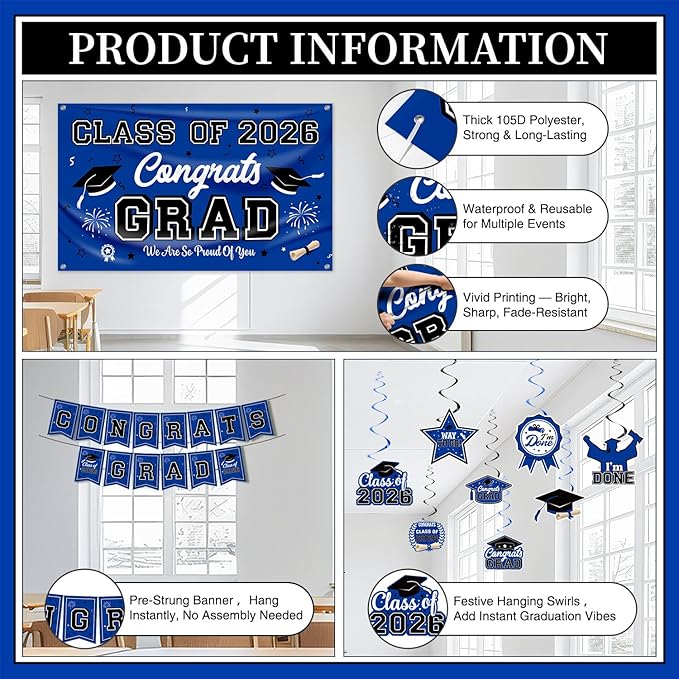 Graduation Decorations Blue Party Decor Set include Congrats Grad