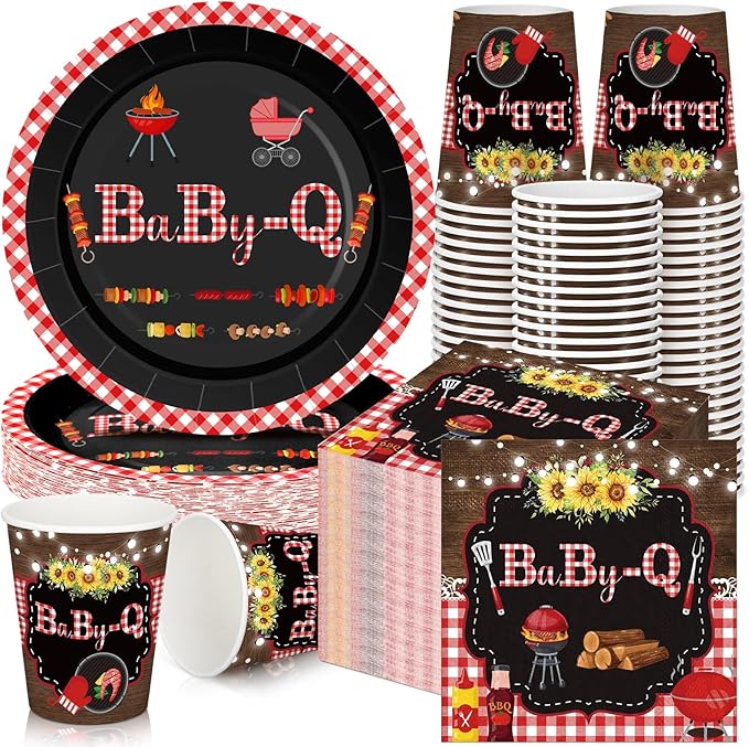 200 Pcs BBQ Baby Shower Paper Plates Cups Napkins Party Supplies