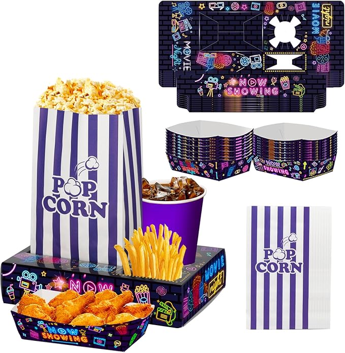 60Pcs Movie Night Supplies 30Pcs Neon Movie Night Snack Trays with