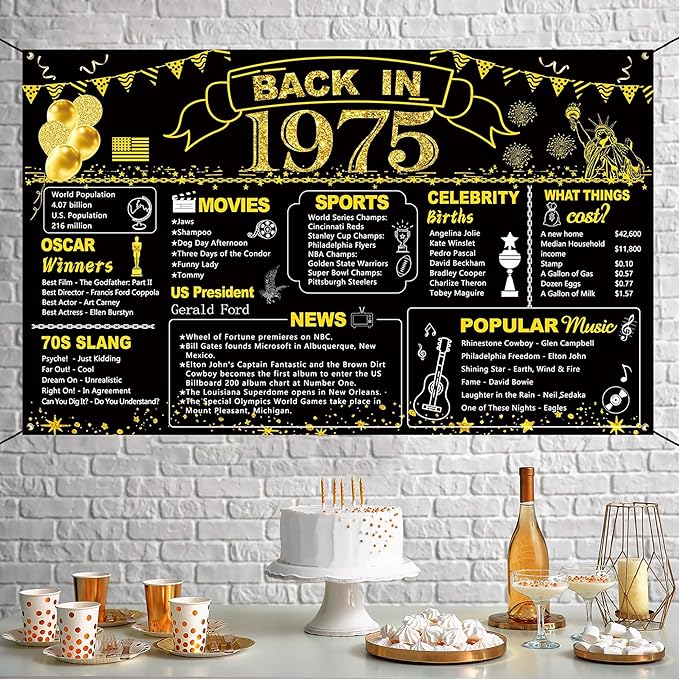 DARUNAXY 51st Birthday Black Gold Party Decoration, Back in 1975