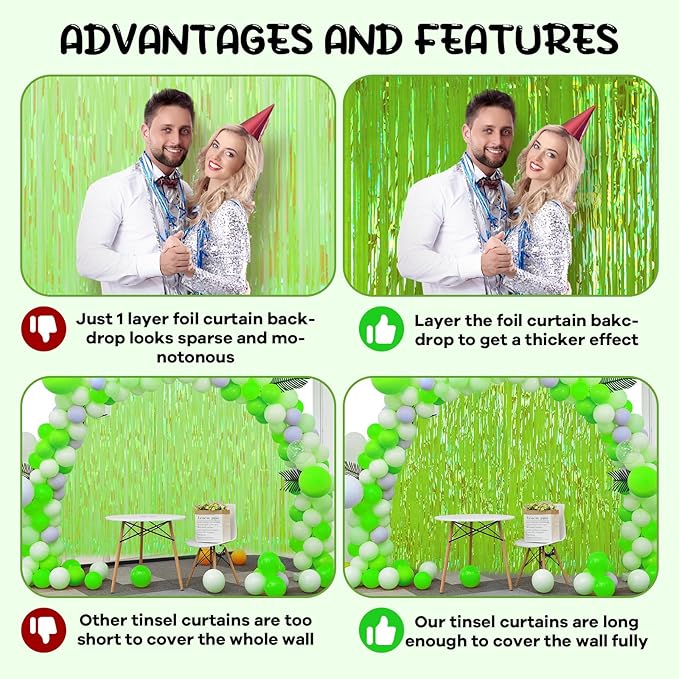 Voircoloria 4 Pack 3.3x8.2 Feet Neon Green Foil Fringe Backdrop