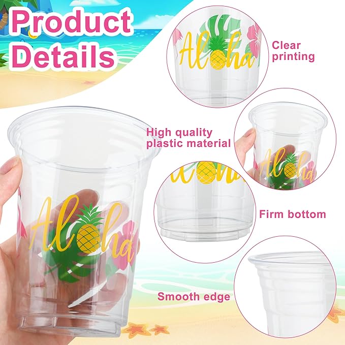 50 Pcs Hawaiian Luau Party Cups 16 oz Tropical Luau Drinking Cups