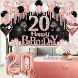20th Birthday Decorations for Her 49pcs Black Rose Gold Black Banner