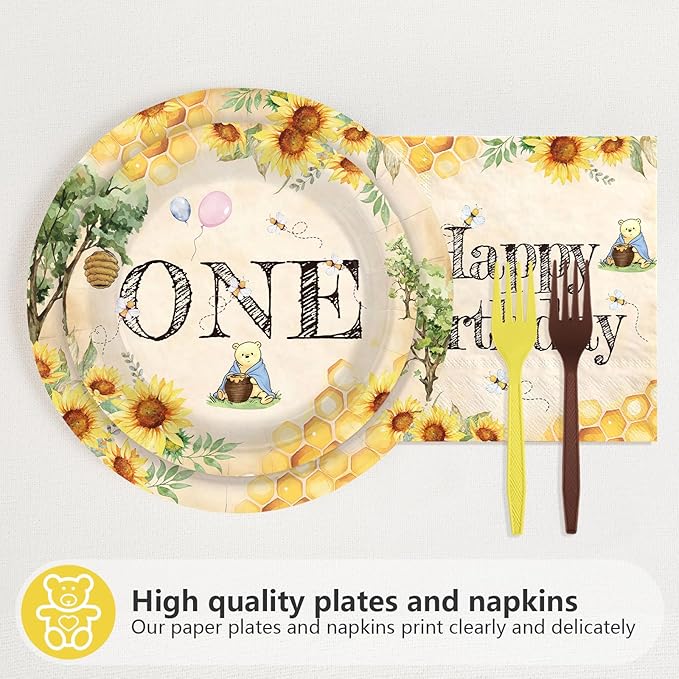 96Pcs Classic Bear 1st Birthday Decorations Watercolor Bear Plates