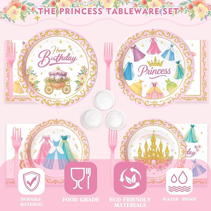 144 Pcs Princess Paper Plates Napkins, Birthday Party Supplies