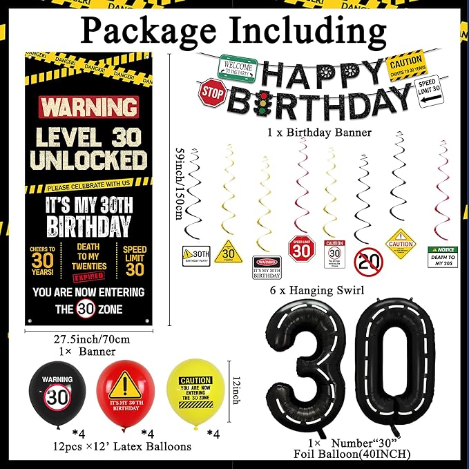 30th Birthday Decorations Men Women Caution Logo Level 30 Unlocked