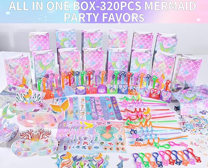 320PCS Mermaid Party Favors Birthday Decorations Supplies Kit with