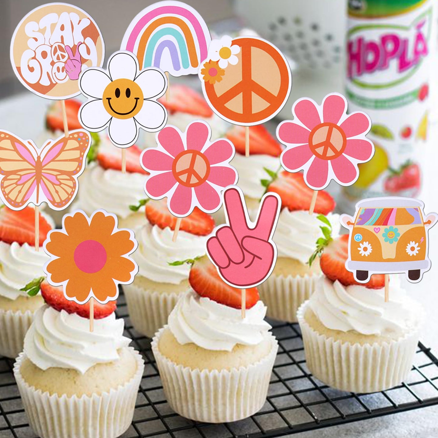 Rsstarxi 36 Pack Groovy Cupcake Toppers Hippie Party Cake Decorations