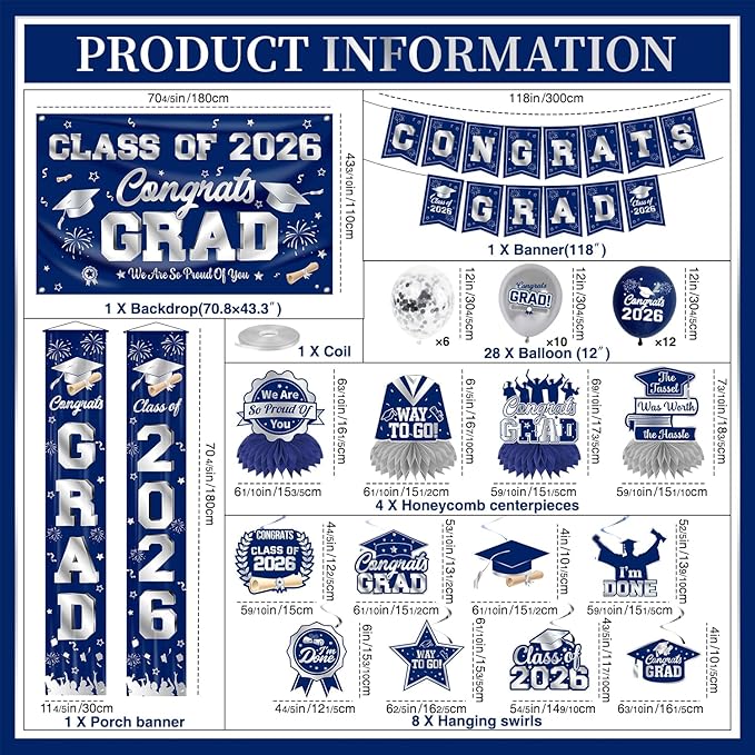 Graduation Decorations 2026 Blue and Silver Graduation Party Decor