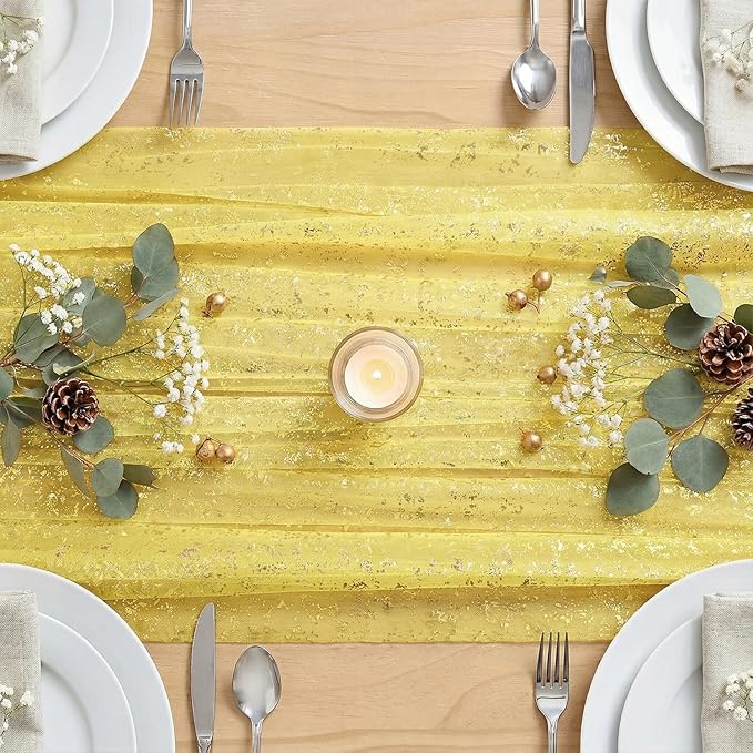 Artoid Mode Light Yellow Gold Gauze Table Runner 59x120 Inch 10FT,
