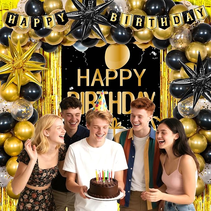 Black and Gold Birthday Decorations for Men Women Happy Birthday