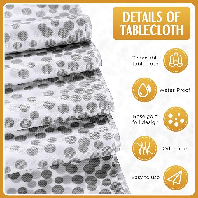 Breling 8 Pack White and Silver Disposable Plastic Tablecloths and