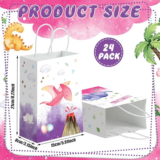 24 Pcs Pink Dinosaur Party Favors Bags with Handles Purple Dinosaur