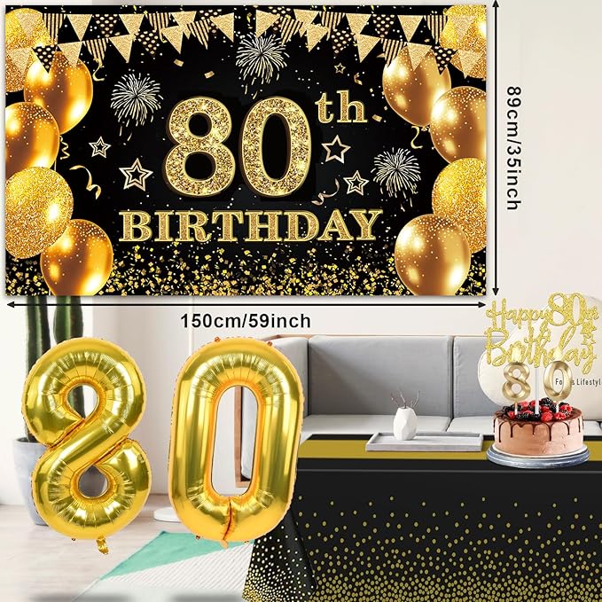 80th Birthday Decorations Men Women with 80th Birthday Banner Black