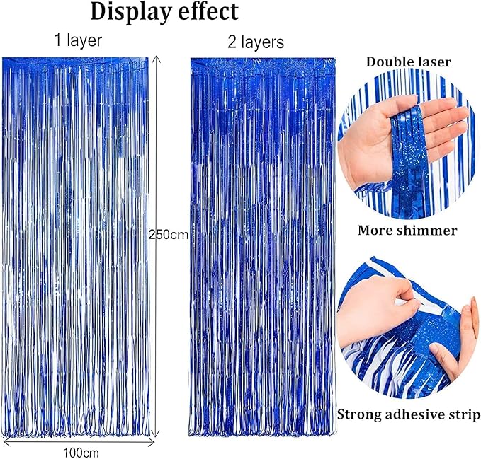 BRAVESHINE Foil Fringe Curtains - Black Blue Metallic Tinsel Photo
