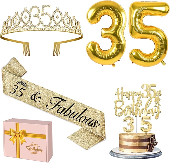 35th Birthday Decorations for Women Gold with 35th Birthday Sash and