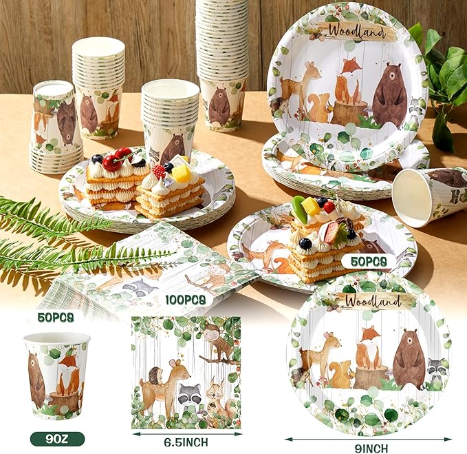 200 Pcs Woodland Baby Shower Paper Plates Cups Napkins Woodland