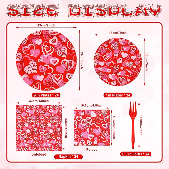 96 Pieces Valentine's Day Tableware Set Red Heart Disposable Plates