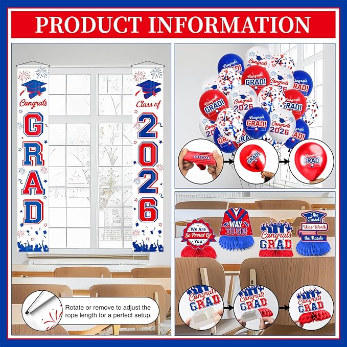 Graduation Decorations 2026 White Blue and Red Graduation Party Decor