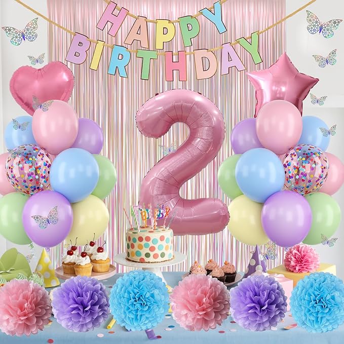 Pastel 2nd Birthday Party Decorations for Girls Number 2 Balloon