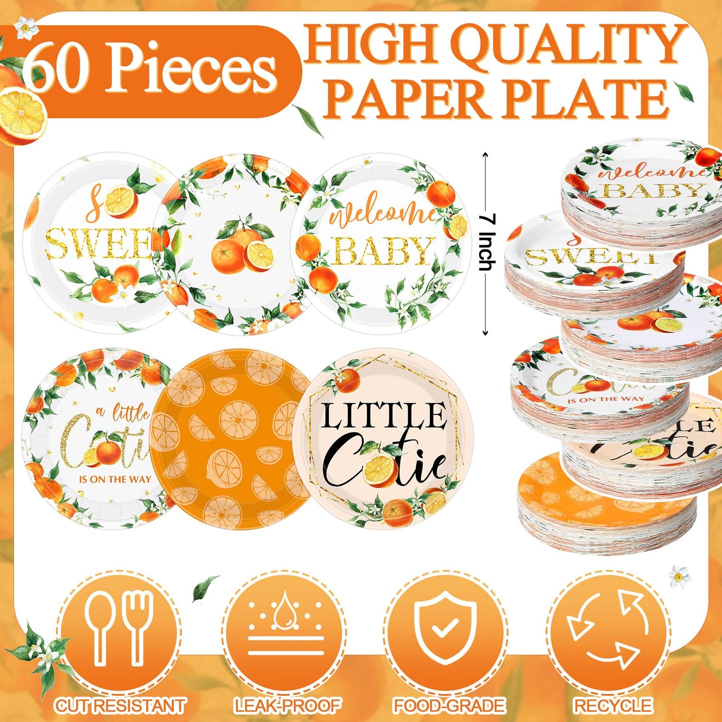 Funnymoom 60 Pcs 7 Inch Little Cutie Paper Plates Orange Baby Shower