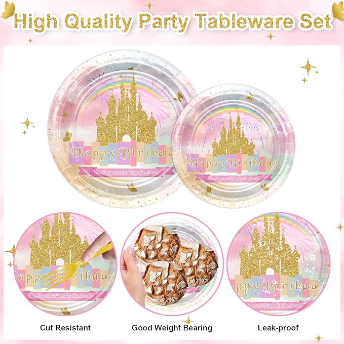 96 PCS Princess Birthday Party Decorations Rainbow Gold Castle