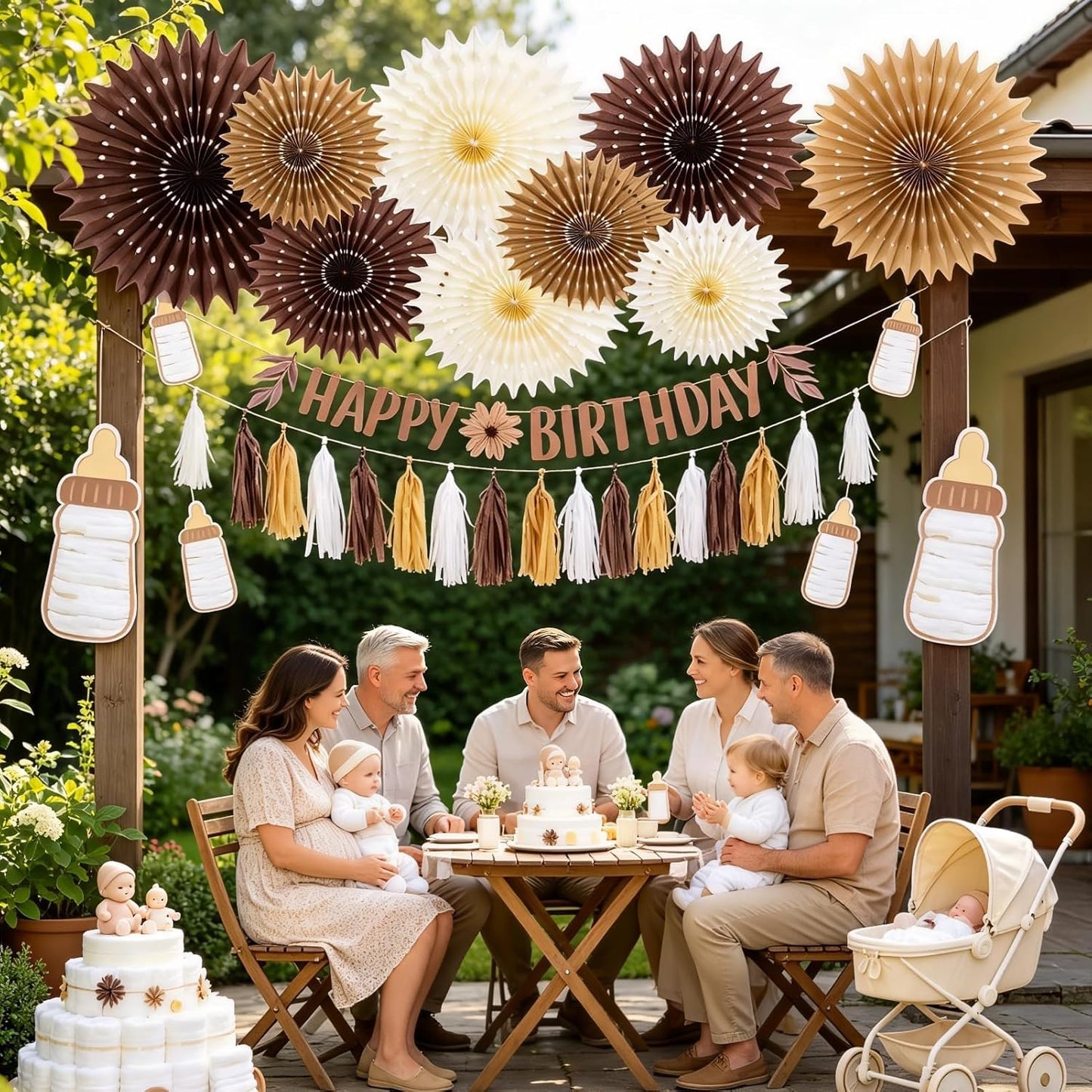 Brown Birthday Party Decorations for Women Neutral Boho Happy Banner