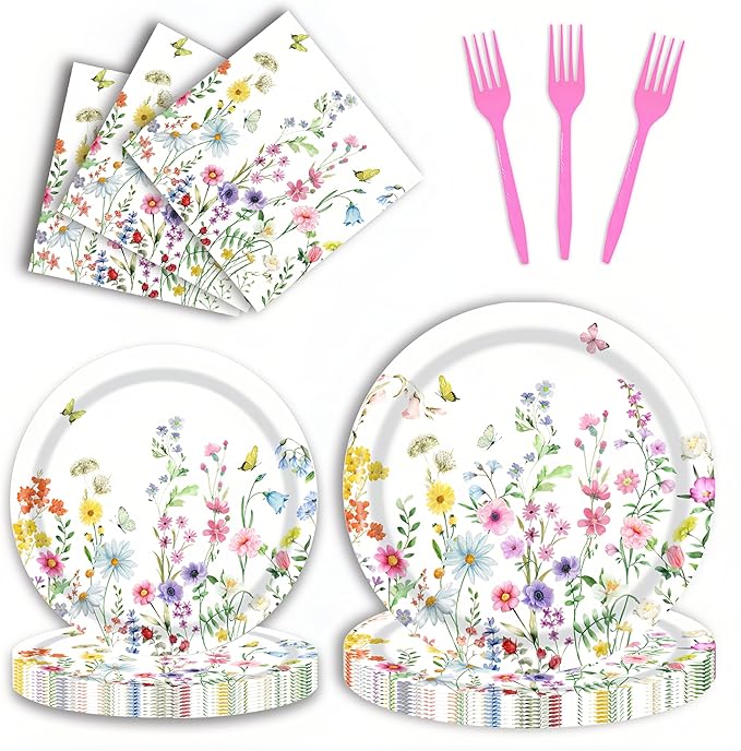 96Pcs Wildflower Plates and Napkins Spring Party Decorations Floral