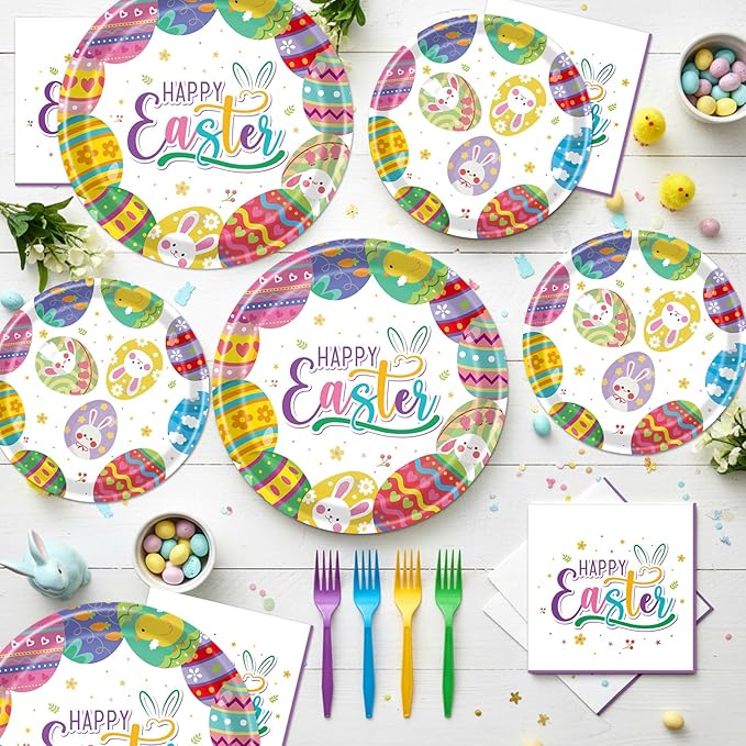 Easter Plates and Napkins Sets 96PCS Happy Easter Bunny Disposable