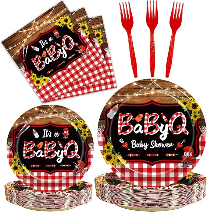96 Pcs BBQ Baby Shower Decorations It's A BabyQ Party Plates and