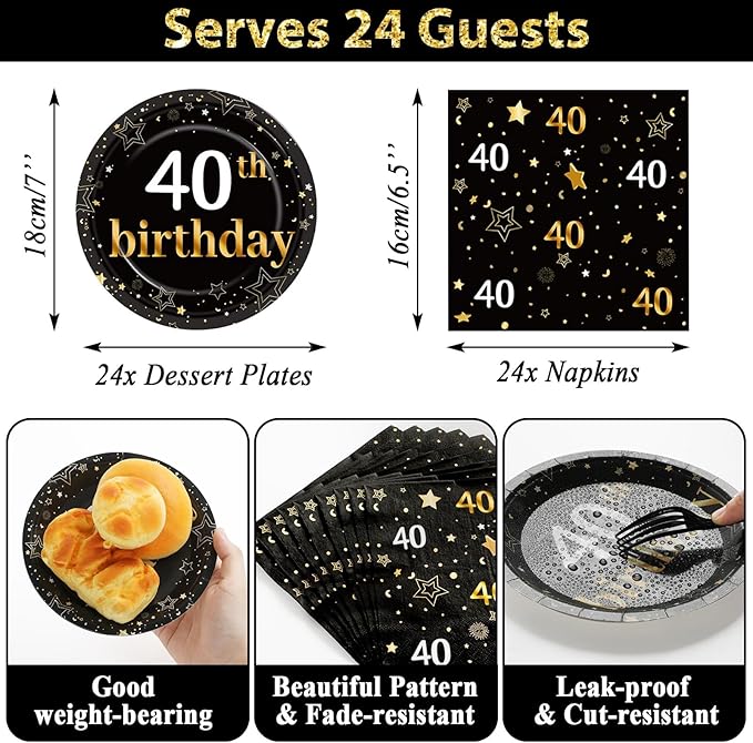 40th Birthday Party Supplies Serves 24 Black and Gold 40 Years Old