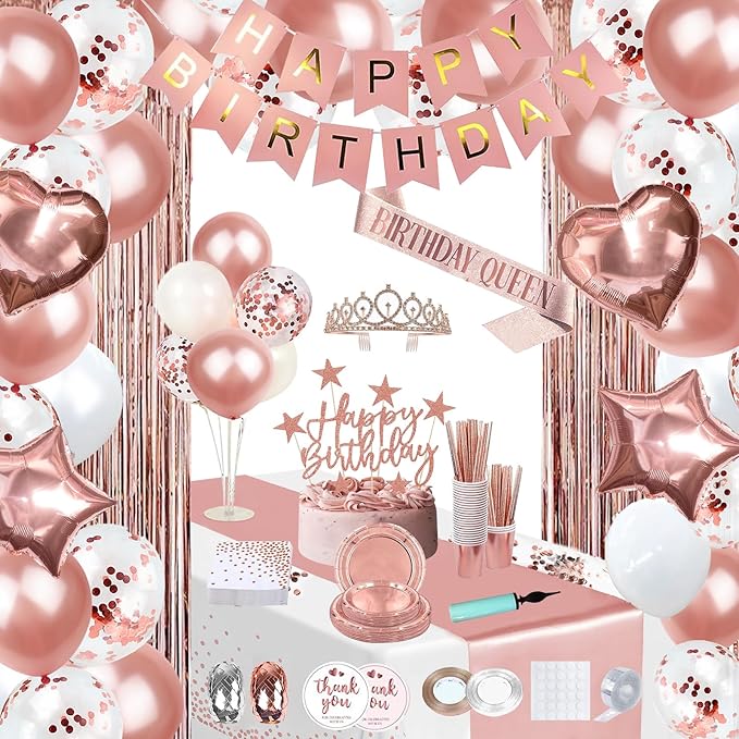253 Pcs Birthday Decorations for Women Rose Gold Party Decorations