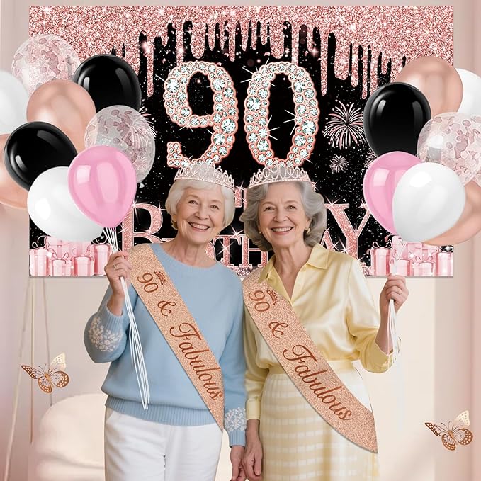 90th Birthday Decorations for Women 49pcs Black Rose Gold Black