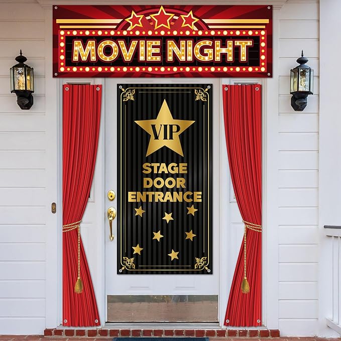 4 Pcs Movie Night Porch Sign Banner VIP Door Entrance Door Cover