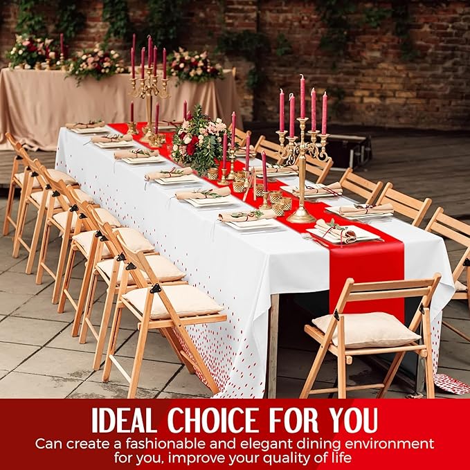 Breling 8 Pack White and Red Disposable Plastic Tablecloths and Satin