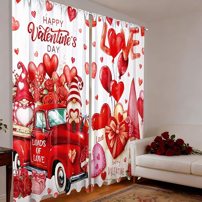 2 Pcs Valentines Day Curtains for Living Room Red Heart Truck Gnome