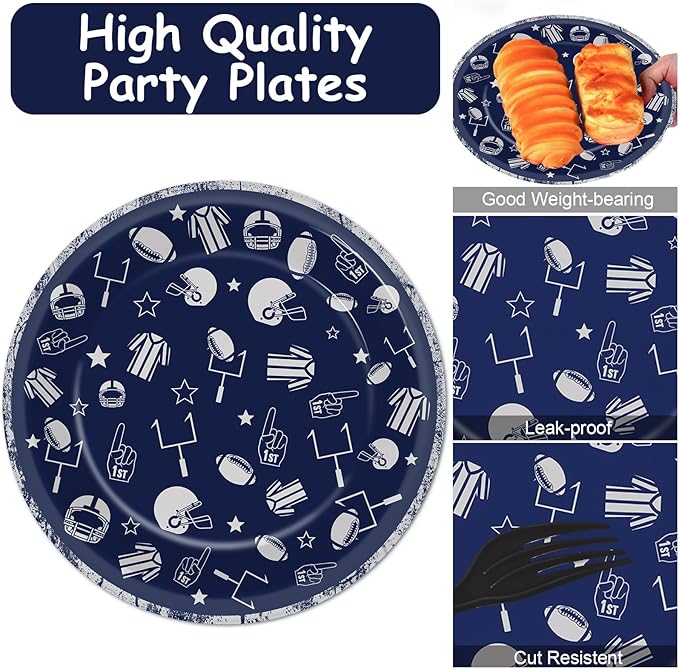 100 PCS Football Party Plates and Napkins Supplies Kit Cowboy Navy
