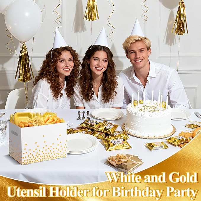 2PCS White and Gold Utensil Holder Paper Utensil Caddy for Engagement