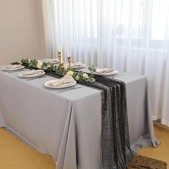 Snowkingdom Black Table Runner, 10FT Sheer Tulle Gauze Metallic Mesh