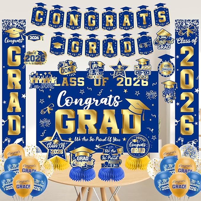 Graduation Decorations 2026 Blue and Gold Set, Congrats Grad Decor