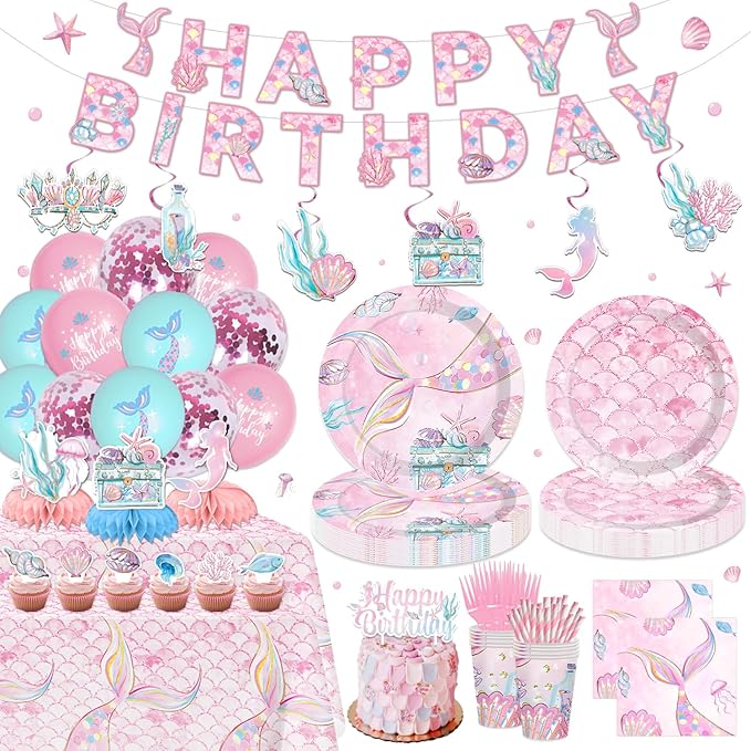175PCS Mermaid Party Decorations Mermaid Theme Party Supplies Plates