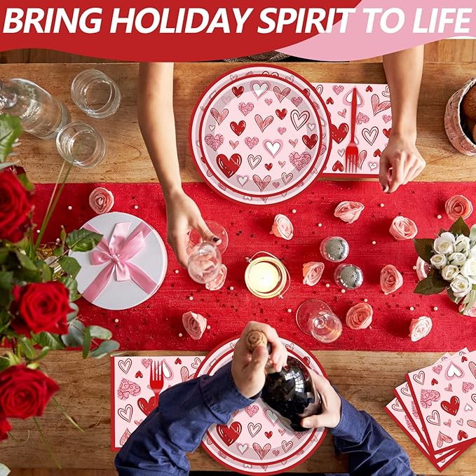 100 Pcs Valentine's Day Heart Tableware Party Supplies Set Serves 25