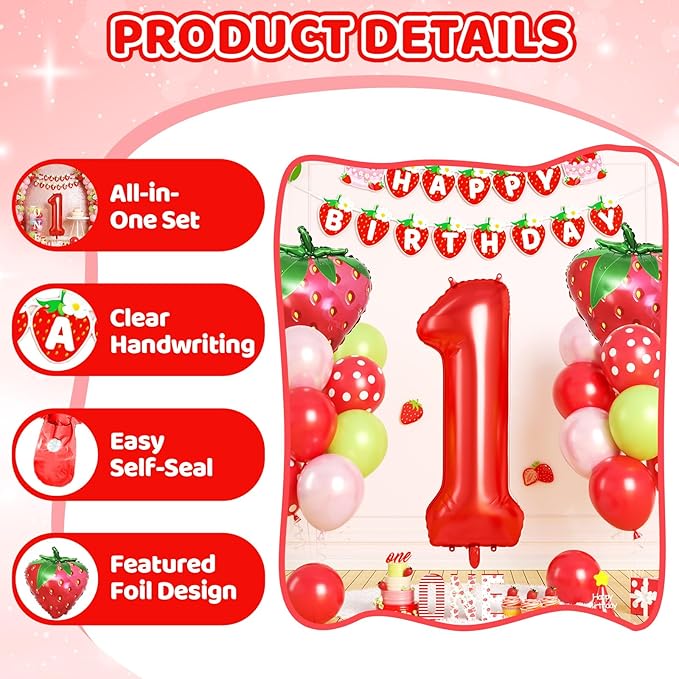 1st Birthday Decorations for Girls, 40 Inch Red Number 1 Balloon, 24