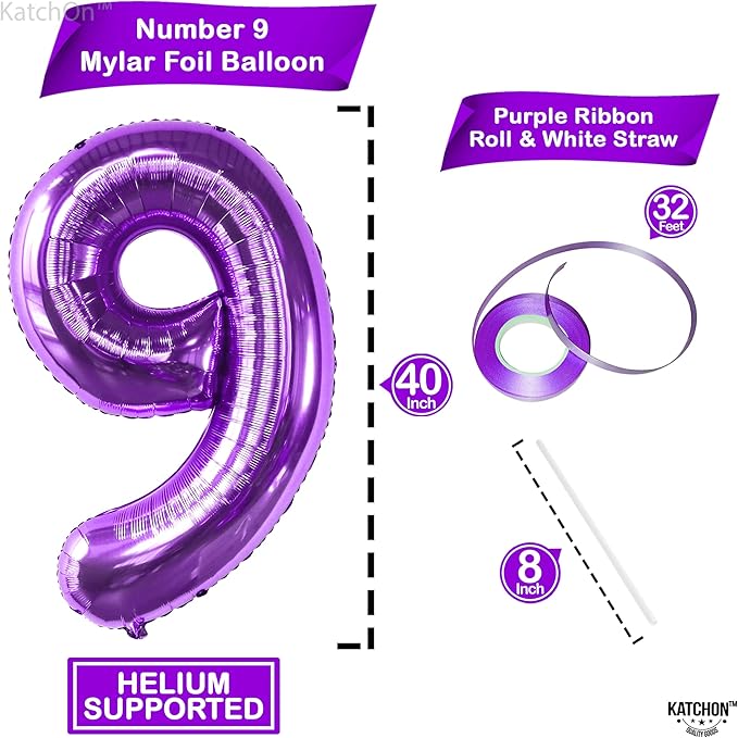 KatchOn, Giant Purple Number 9 Balloon - 40 Inch | Foil 9 Birthday