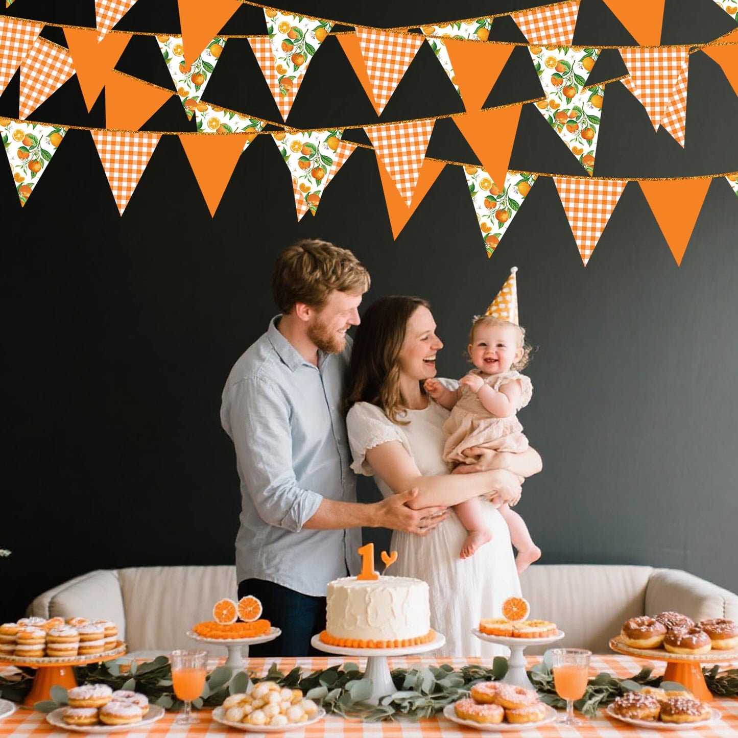 Citrus Orange Party Decorations Orange Plaid Floral Pennant Banner