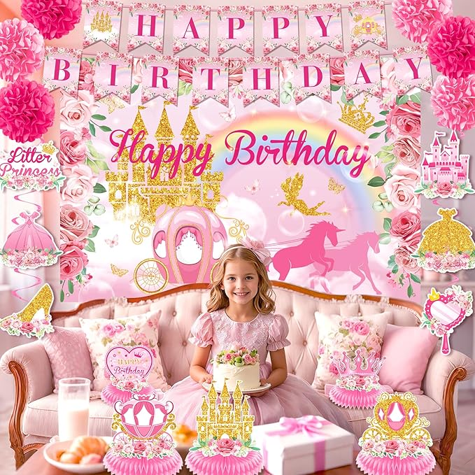 Floral Princess Birthday Party Decorations Pink Gold Princess Happy