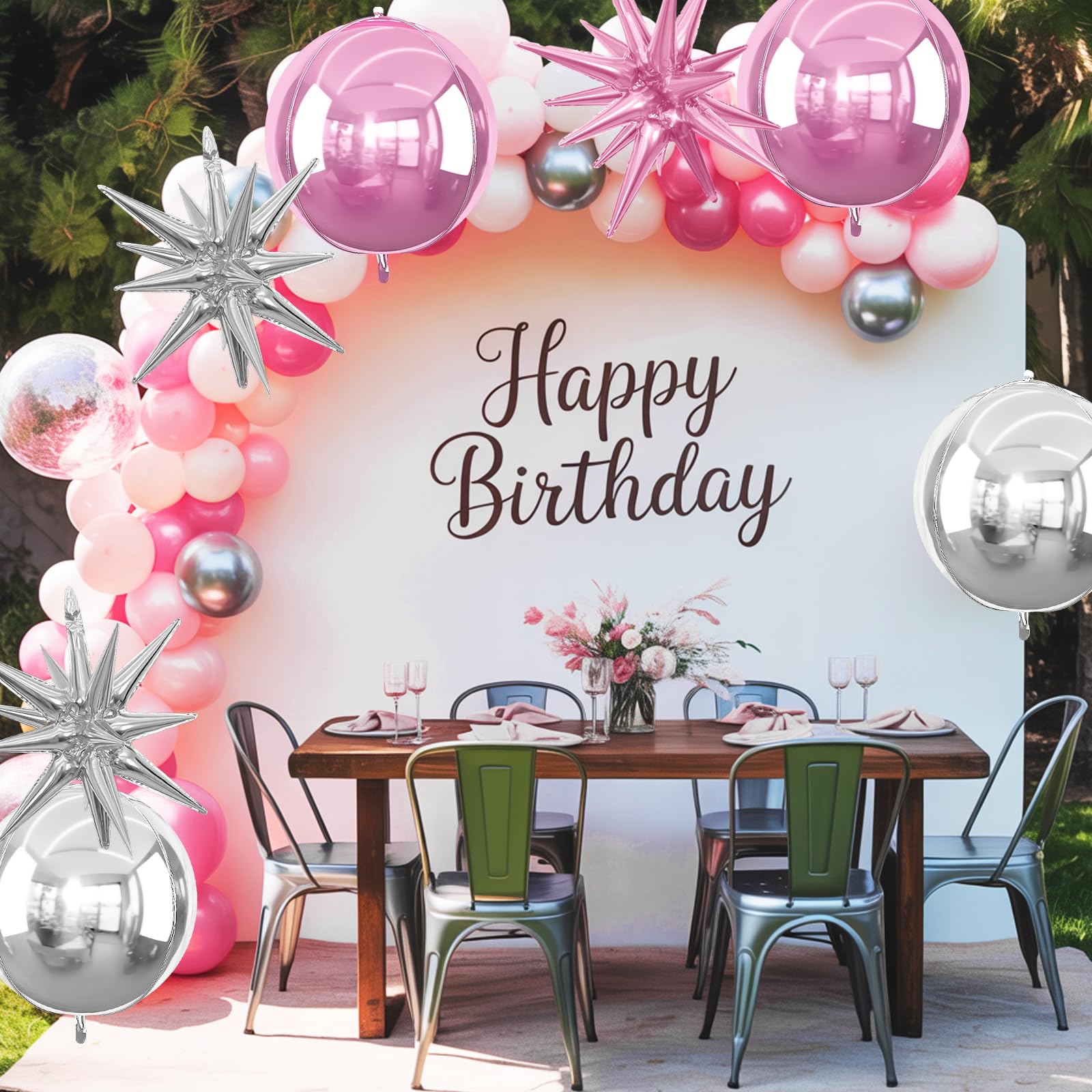 6Pcs Pink Silver Foil Balloons,22Inch Light Pink Silver 4D Round Ball